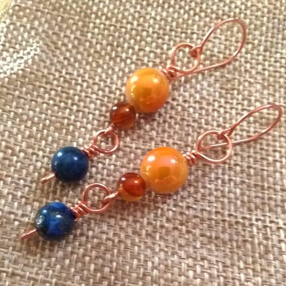 Fall Magic!  Blue Lapis, Brown Agate & Tangerine Ceramic Beads Earrings - Picture 2 of 11